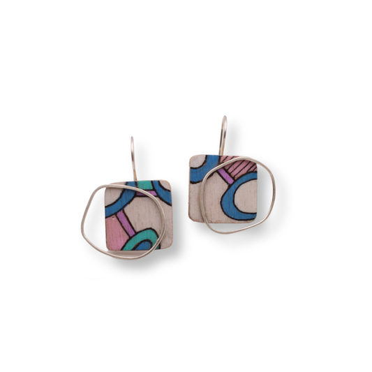 Chloë Waddell Hand-Coloured Plywood Earring with Sterling Silver Frame | #15