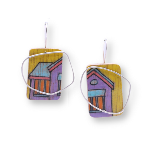Chloë Waddell Hand-Coloured Plywood Earring with Sterling Silver Frame | #13