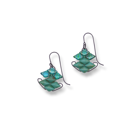 Paula Dunlop Wirework Heket Earrings | Transparent Sea Foam Green & Opaque Turquoise