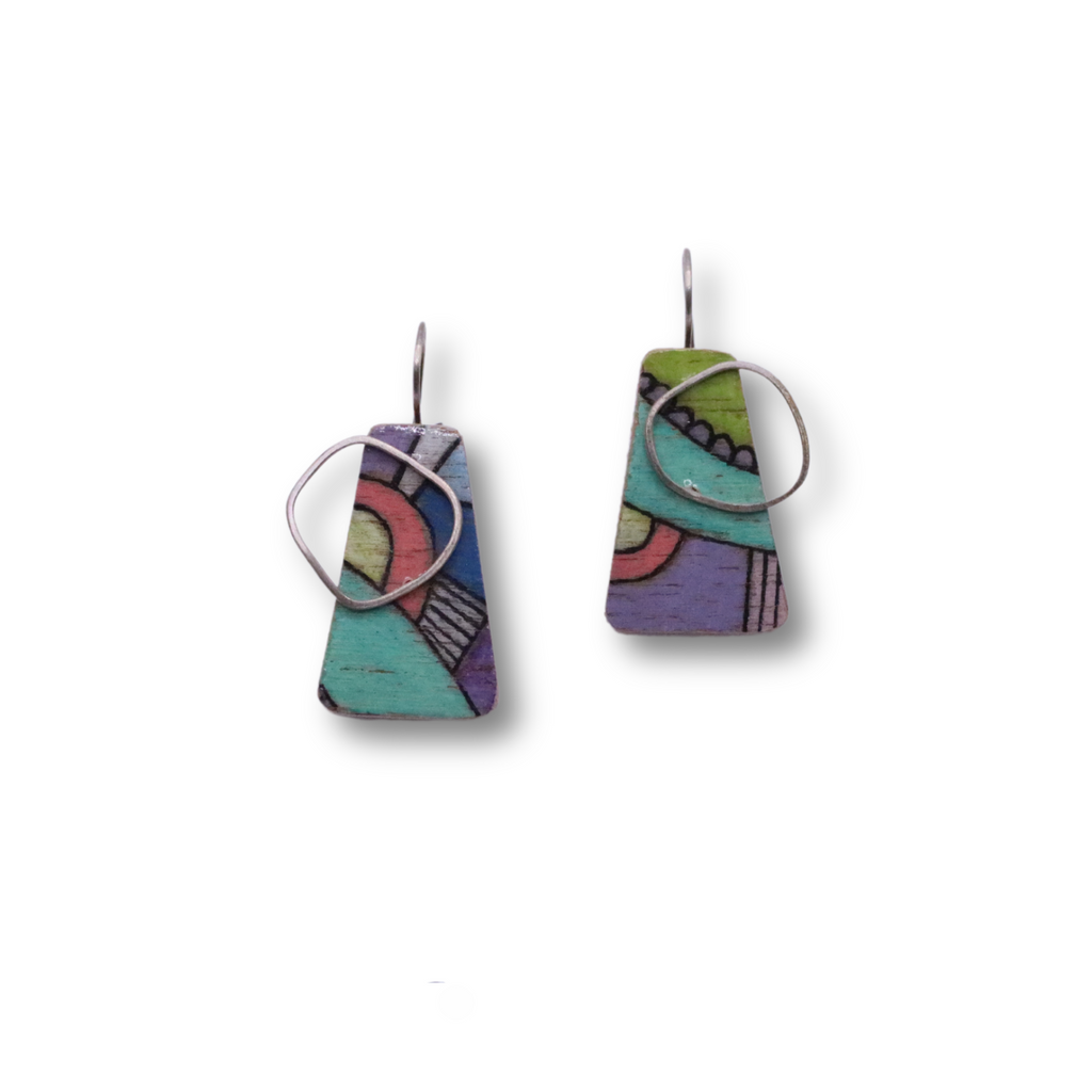 Chloë Waddell Hand-Coloured Plywood Earring with Sterling Silver Frame | #15