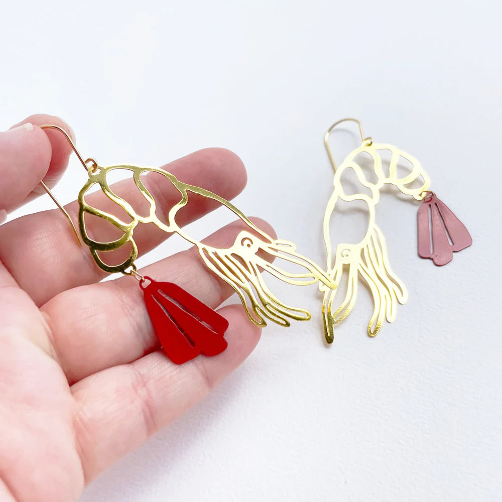 Denz Christmas Prawn Earrings | Gold + Red