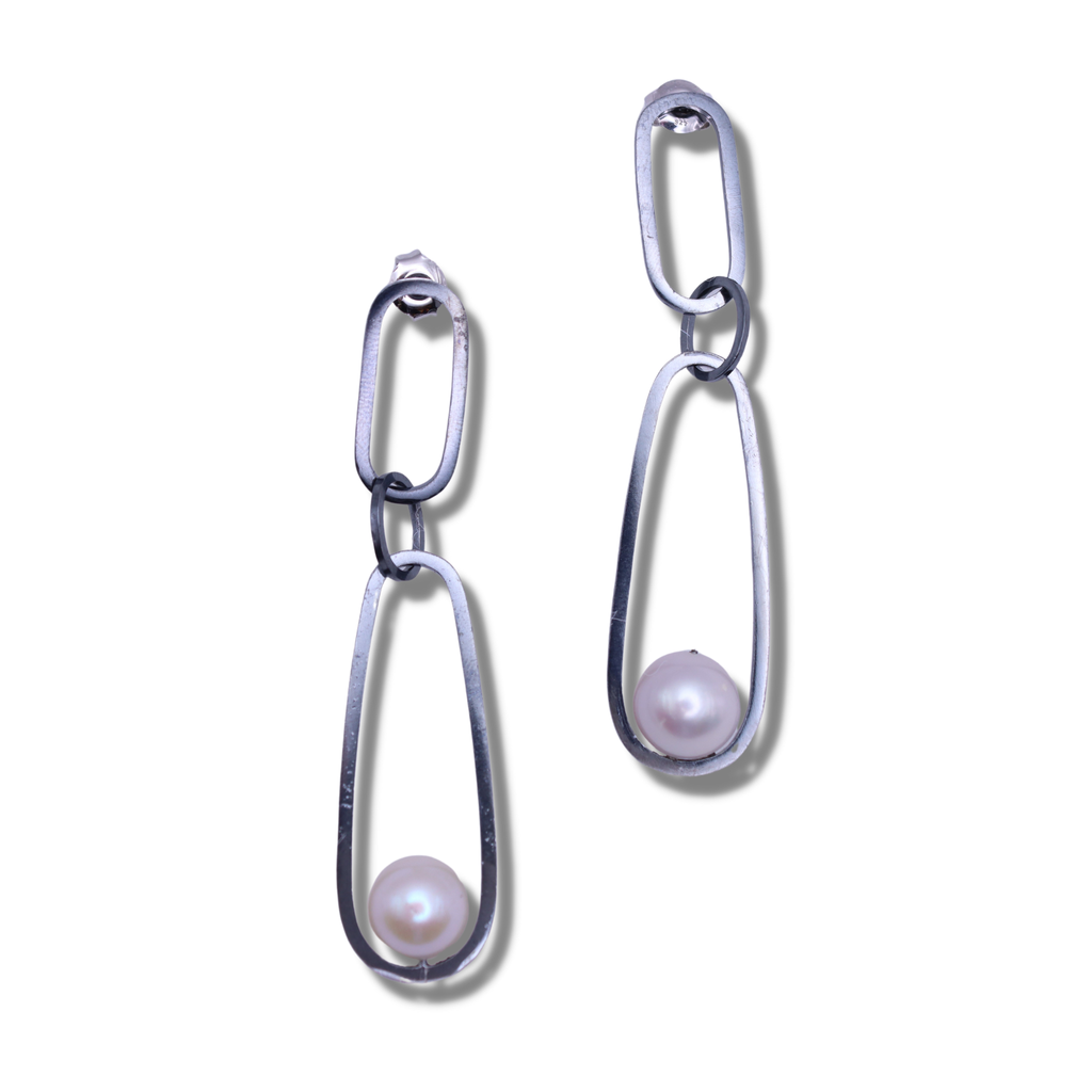 C.K.D. Oxidised Sterling Silver Double Oval Drops with Potato Pearls