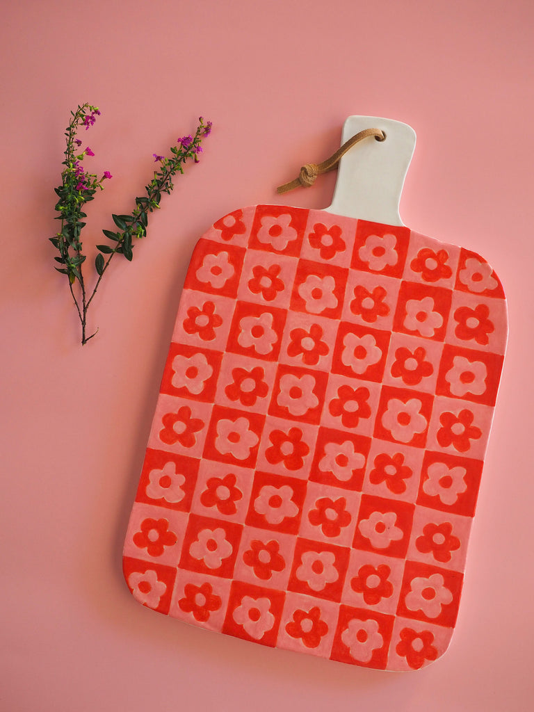 Kathy Gardiner Flower Power Gingham Pink + Coral Cheese Board Large