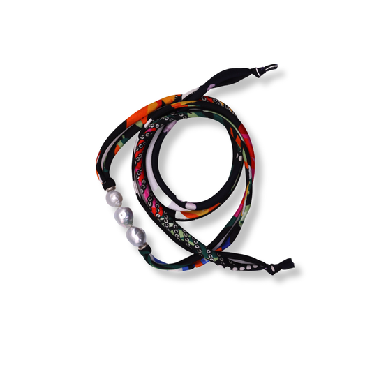 Margot McKinney Silk & Three Pearl Wrap Bracelet | Black & Multi Coloured