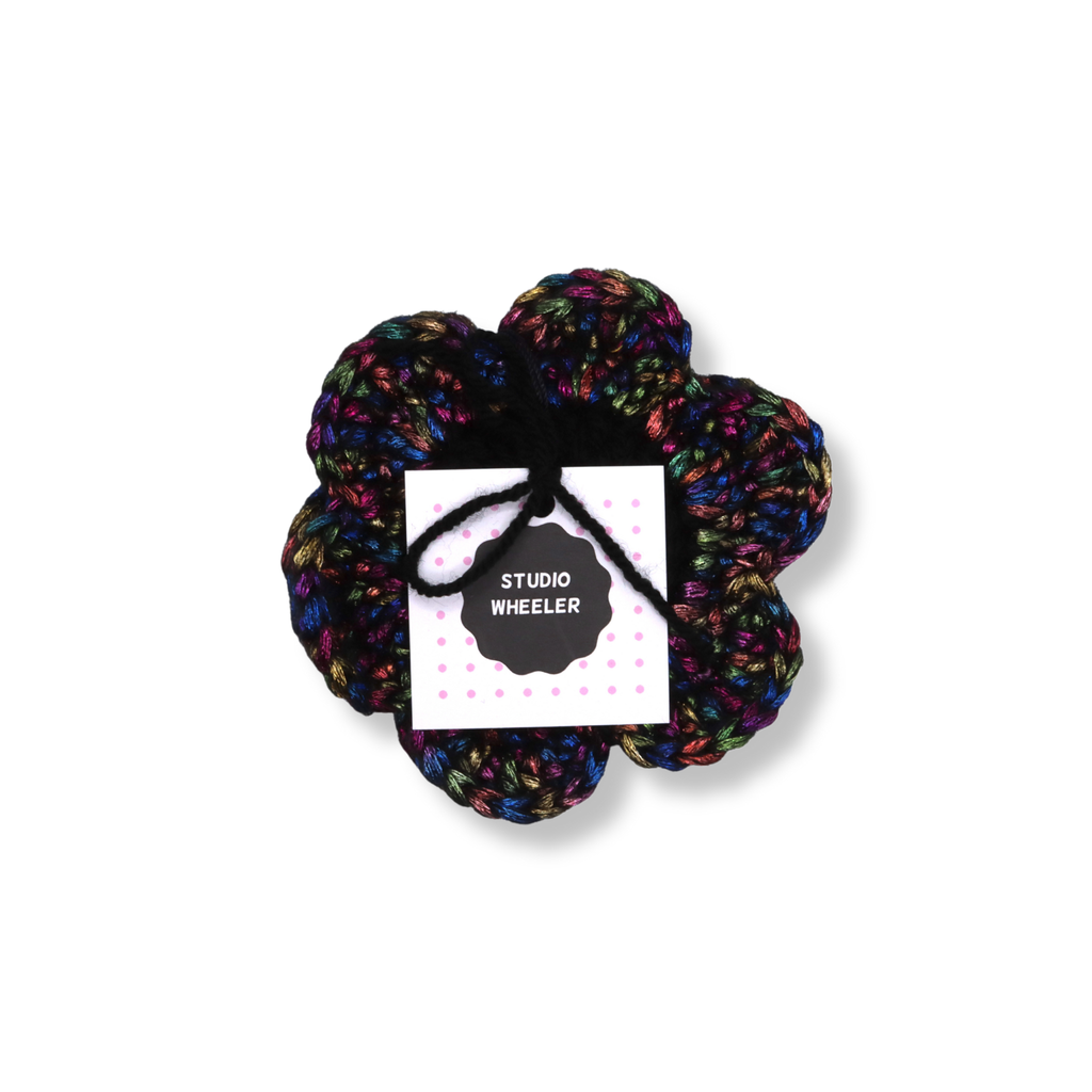 Studio Wheeler Hand Crocheted Shimmer Coasters #1 | Black & Rainbow