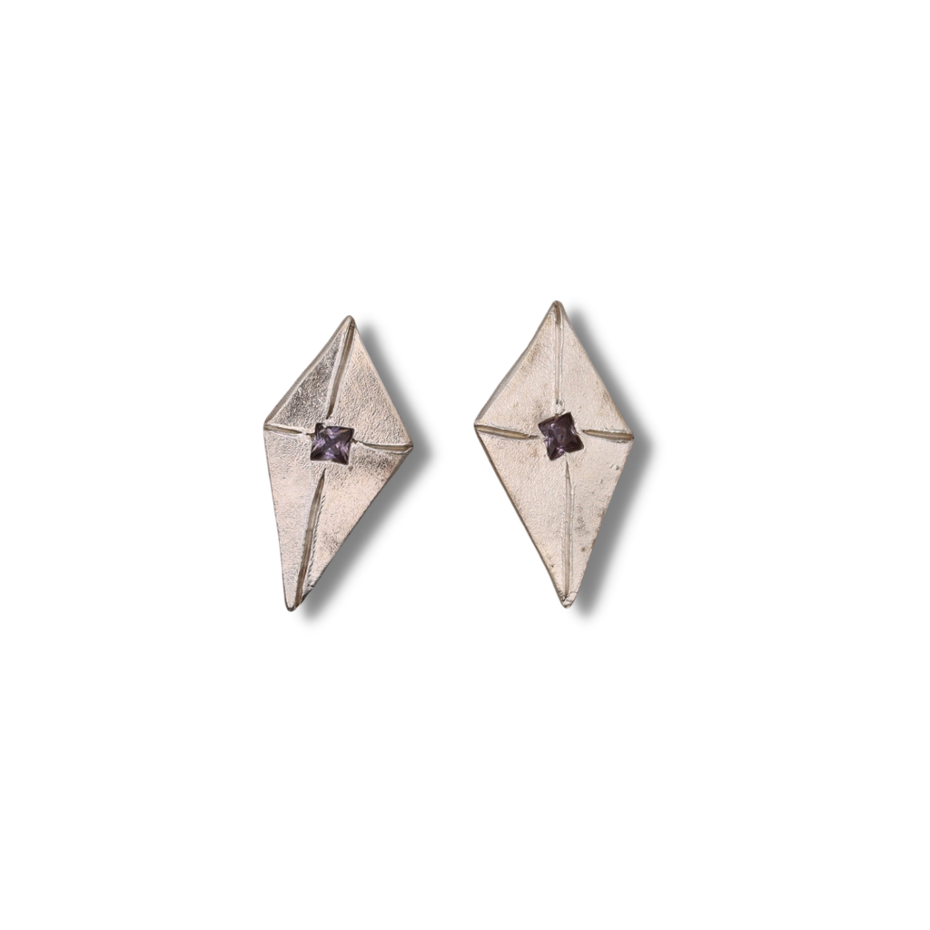 Jessica Nothdurft Earrings | Solid Sterling Silver Diamond Shaped Studs with Pink Sapphires
