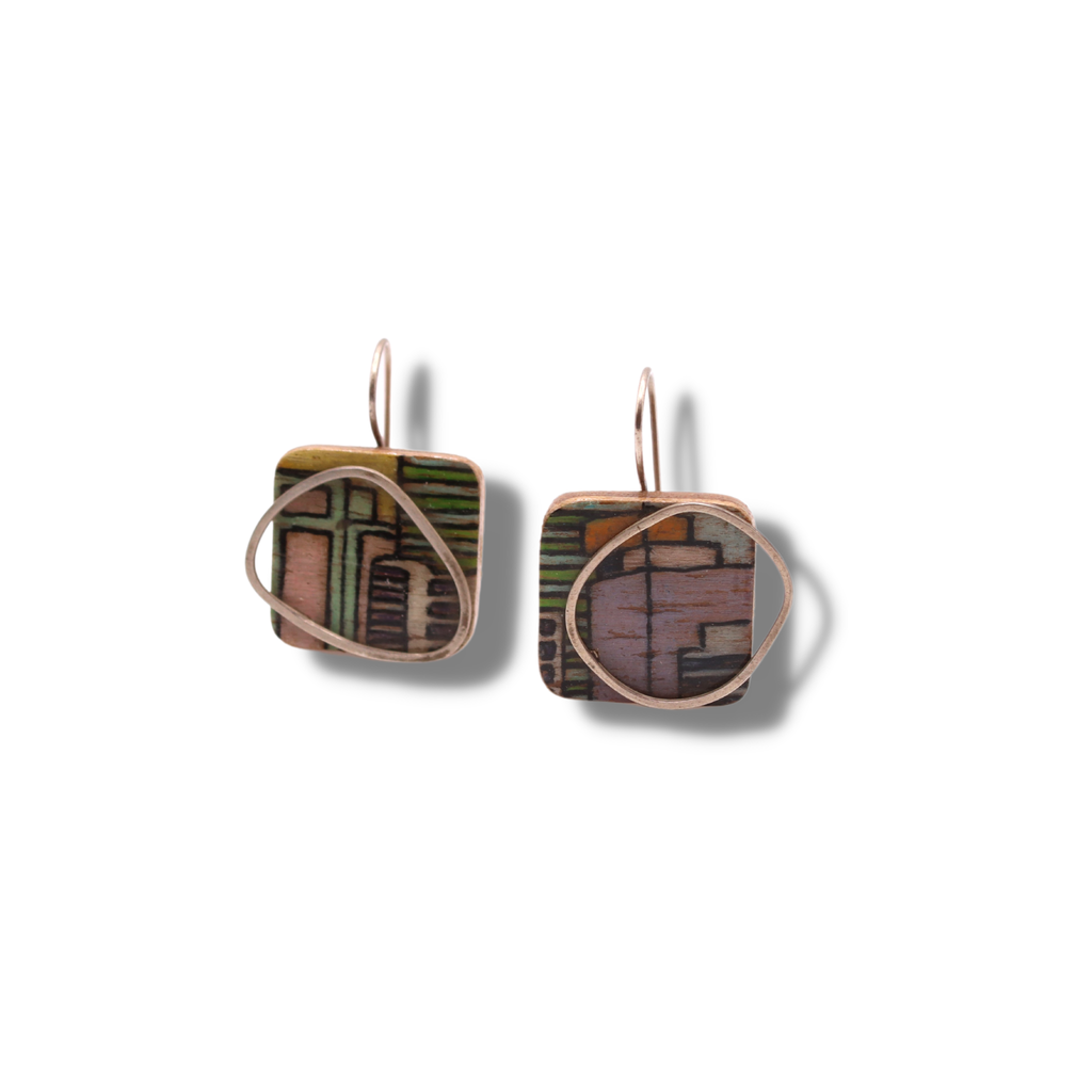 Chloë Waddell Hand-Coloured Plywood Earring with Sterling Silver Frame | #12